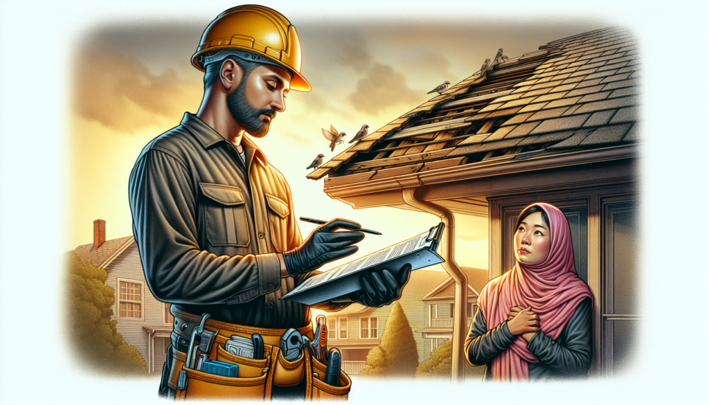 Used - AI Image of a person taking notes during a roof inspection of a damaged roof