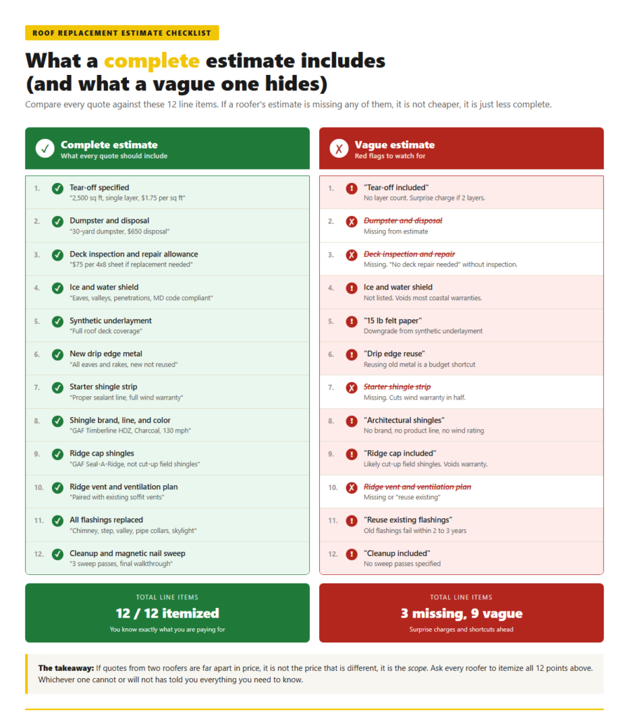 Used - side-by-side comparison graphic showing a "complete" estimate vs a "vague" estimate with red highlights on the missing items