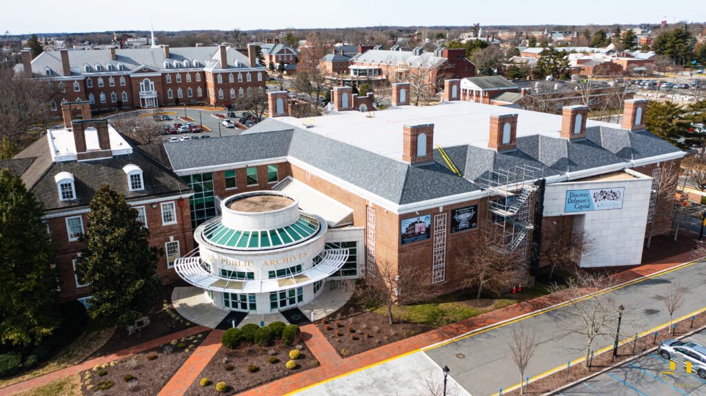 Used - G and Bros Roofing completed a commercial roof replacement at the Delaware Public Archives, 121 Martin Luther King Jr Blvd N, Dover, DE 19901. Installed TPO on the flat roof and composite slate on sloped sections for durability and style.