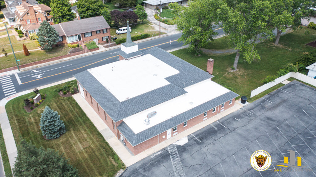 Used - TPO & GAF Timberline HDZ Pewter Gray. G and Bros Roofing completed a commercial roof replacement at Bethany Lutheran Church, 817 Camden Ave, Salisbury, MD, delivering durable protection.
