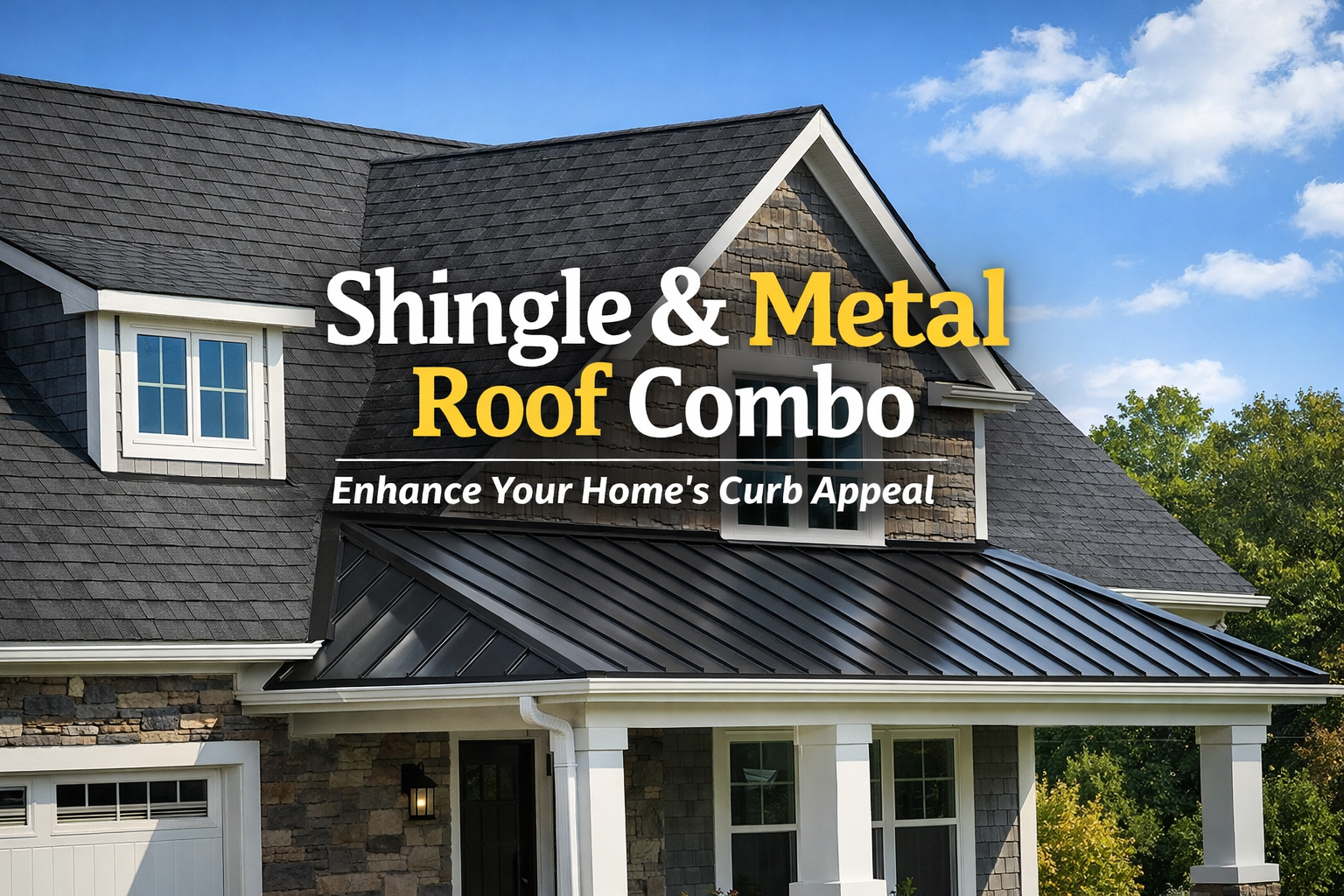 Used - Shingle and metal roof combo on home in Ocean Pines MD showing asphalt shingles and black metal porch roof installed by G and Bros