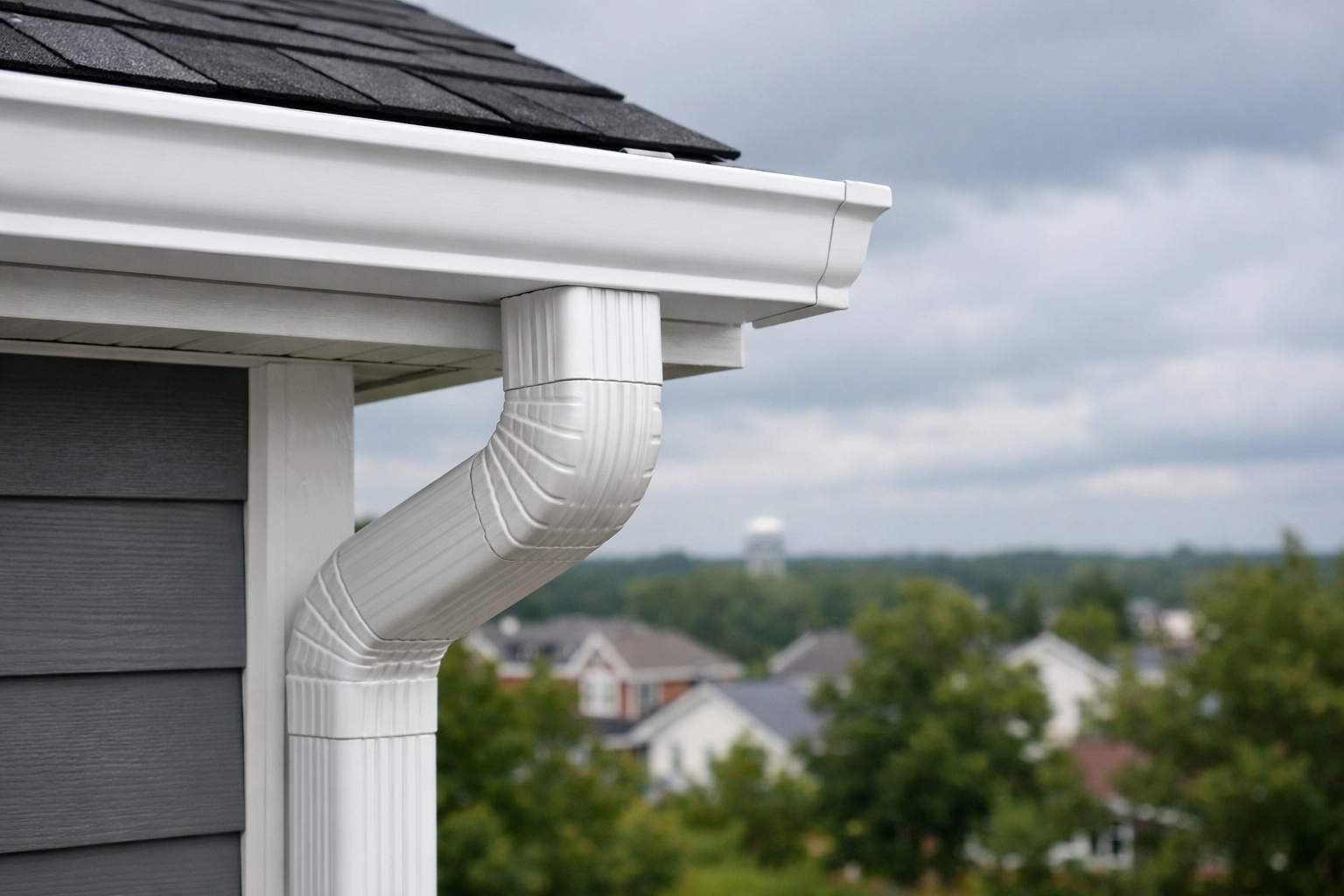 Used - Clean white gutter system on a gray house in Fruitland, MD, with a water tower in the background, showing effective water drainage.