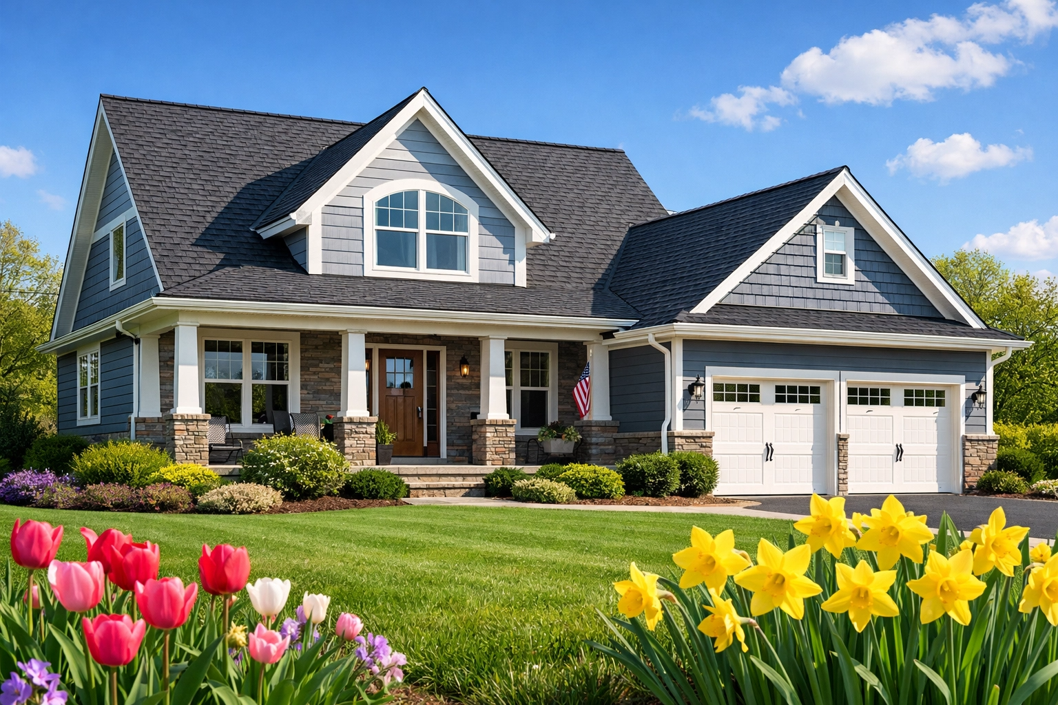 Used - A beautiful suburban home in Fruitland, MD, with a well-maintained asphalt shingle roof and clean gutters on a sunny spring day. Ideal for homeowners seeking roofing and gutter maintenance in Salisbury and the Eastern Shore.