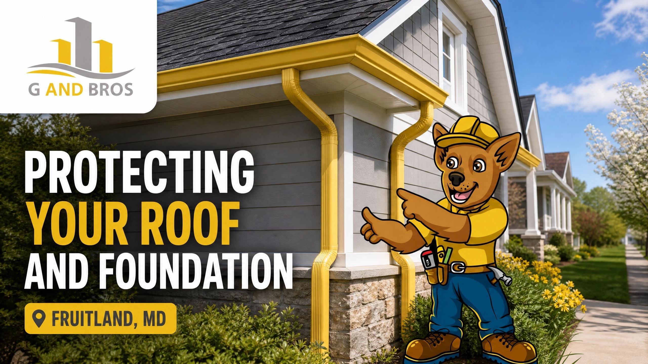 Used - Bobby the Chihuahua mascot from G and Bros pointing to clean yellow gutters on a Fruitland MD home