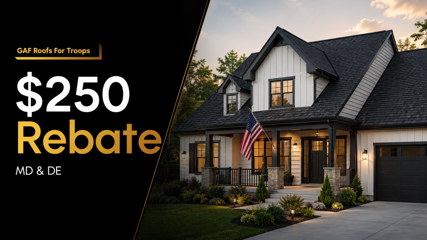 Used - GAF Roofs for Troops rebate graphic showing a $250 rebate for Maryland and Delaware military homeowners with a residential roof and American flag