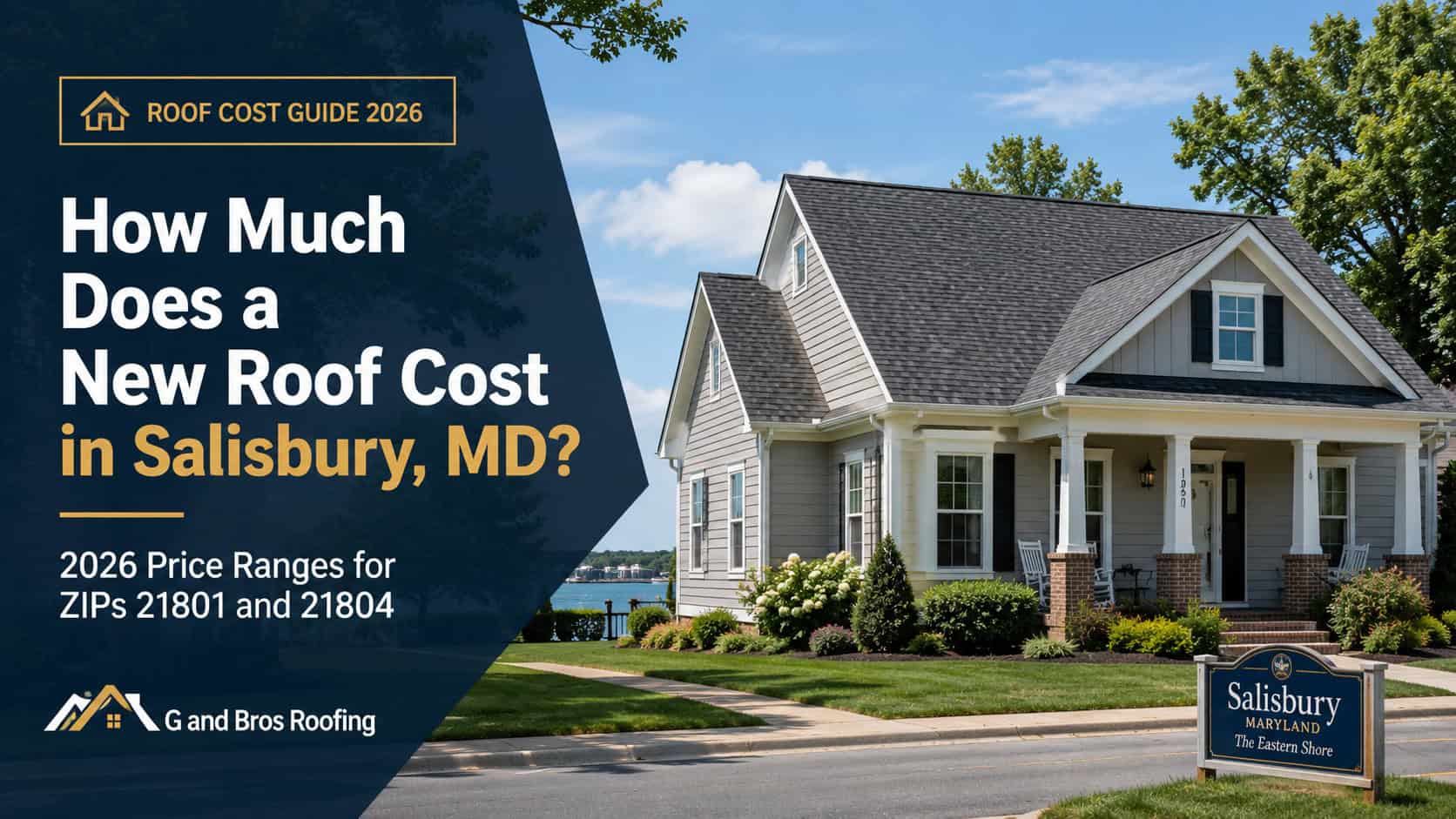 Used - Blog cover image for roof replacement cost in Salisbury MD showing a residential home with a new architectural shingle roof