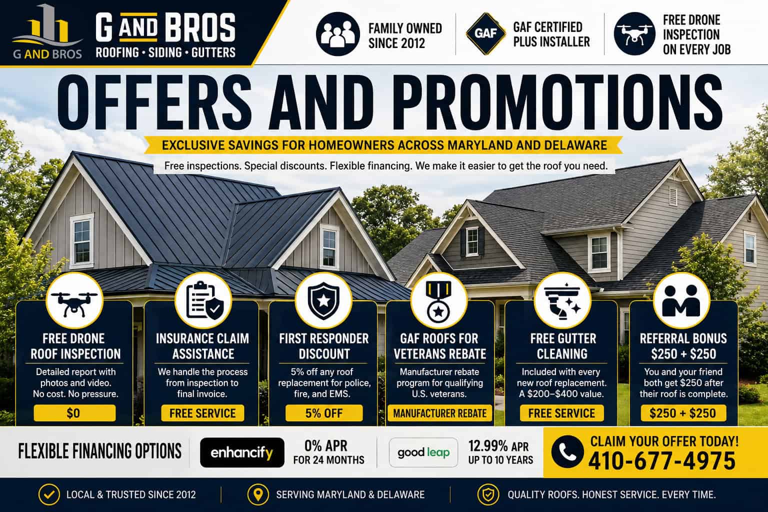 Used - Offers and promotions cover image for G and Bros showing roofing discounts, free drone roof inspection, financing options, referral bonus, and residential roof services across Maryland and Delaware