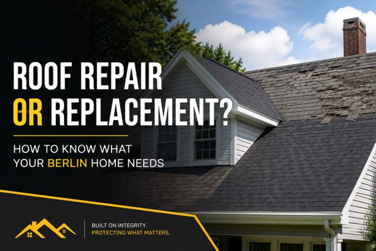 Used - Roof repair or roof replacement blog cover image showing an aging asphalt shingle roof on a Berlin MD home with visible roof wear and damage