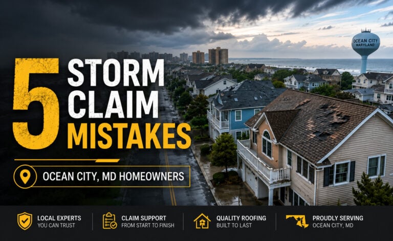 Used - Blog cover image for Ocean City MD homeowners showing storm damaged roofs after severe weather with the headline 5 storm claim mistakes