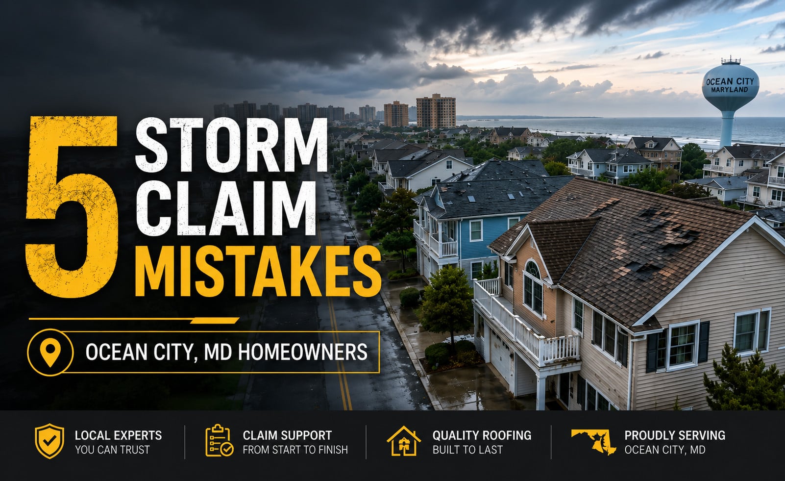Used - Blog cover image for Ocean City MD homeowners showing storm damaged roofs after severe weather with the headline 5 storm claim mistakes