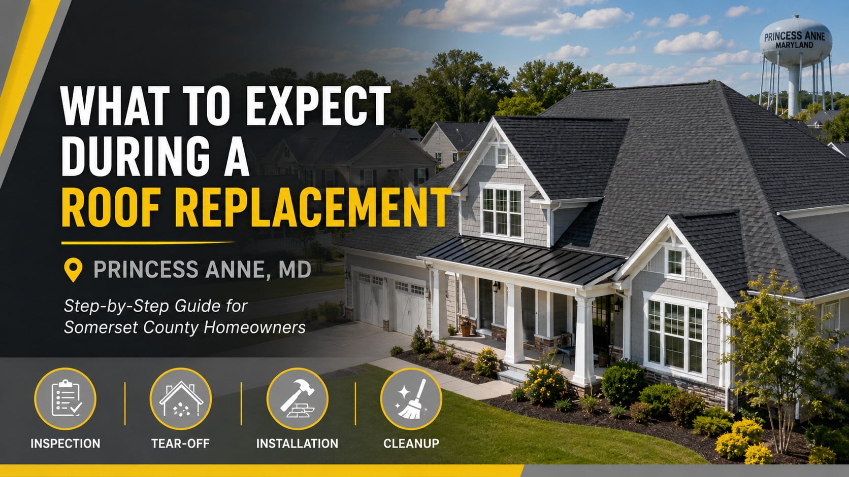 Used - Blog cover image for roof replacement in Princess Anne MD showing a completed residential roof with architectural shingles and a step by step roof replacement guide for Somerset County homeowners