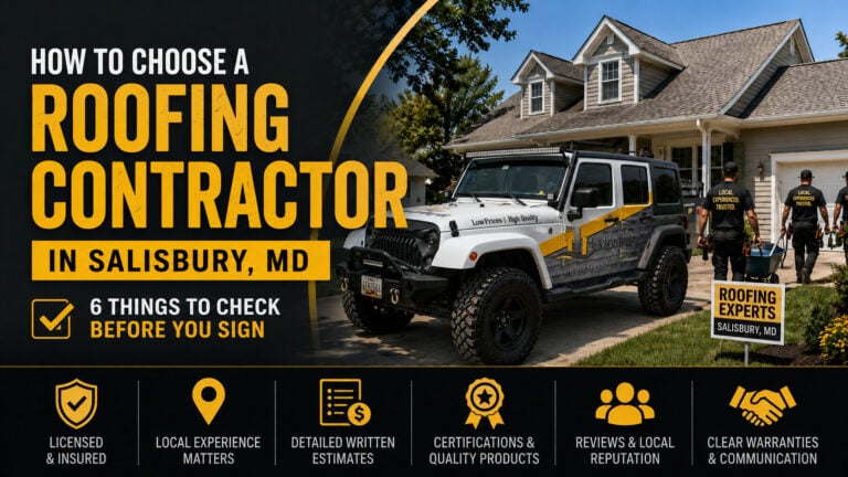 Used - Blog cover image for how to choose a roofing contractor in Salisbury MD showing a G and Bros Jeep at a residential roof project with key contractor checklist items