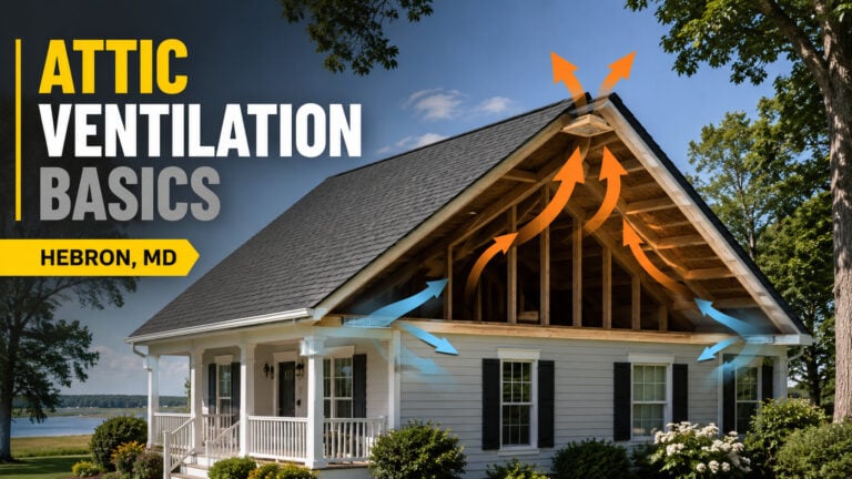 Used - Attic ventilation roof lifespan blog cover image showing a residential home with airflow arrows explaining soffit vents and ridge vent ventilation for Hebron MD homeowners
