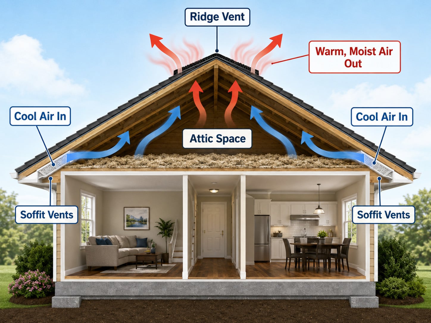 Cutaway educational diagram of a residential home showing the attic space with arrows indicating cool air entering through soffit vents at the eaves and warm, moist air exhausting through a ridge vent at the peak. Clean infographic style with labeled components.