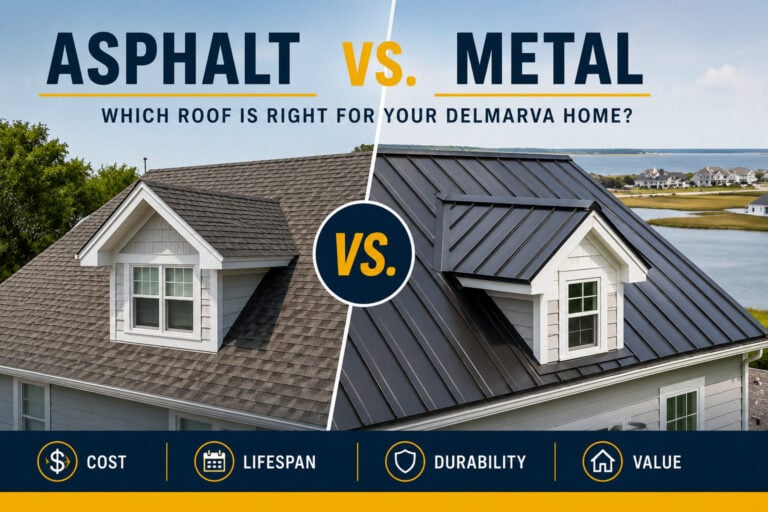 Used - Asphalt vs metal roofing Delmarva blog cover image showing a side by side comparison of architectural asphalt shingles and standing seam metal roofing on coastal Eastern Shore homes