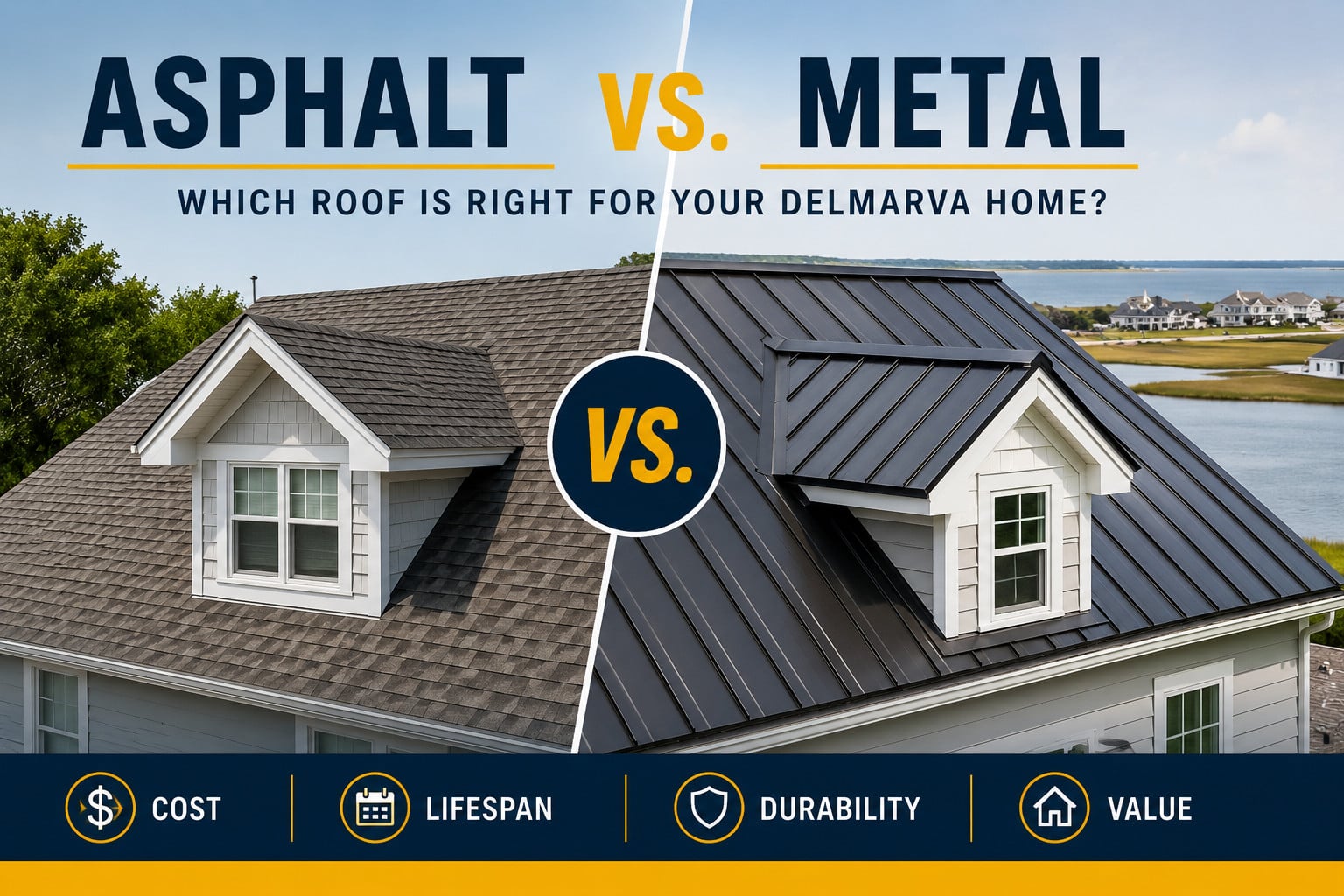 Used - Asphalt vs metal roofing Delmarva blog cover image showing a side by side comparison of architectural asphalt shingles and standing seam metal roofing on coastal Eastern Shore homes