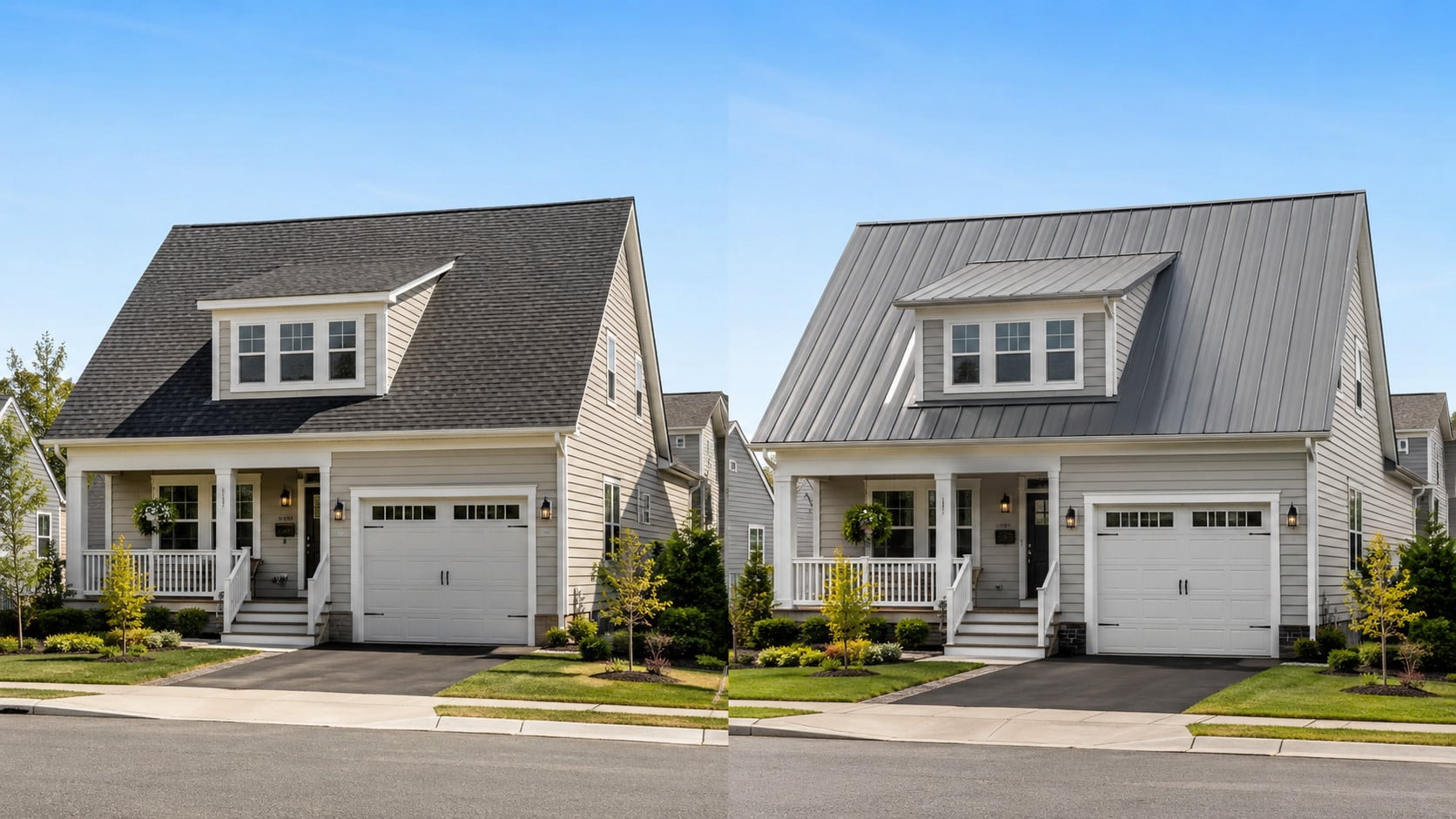 Side-by-side comparison shot showing a Delmarva home with an architectural asphalt shingle roof on the left and a similar home with a standing seam metal roof on the right. Same neighborhood feel, bright afternoon light. Real G and Bros job photos preferred.