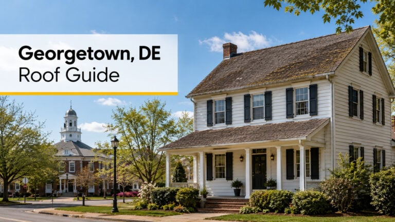 Used - Blog cover image for Georgetown DE roof replacement guide showing a classic Delaware home with an older asphalt shingle roof and local Georgetown streetscape