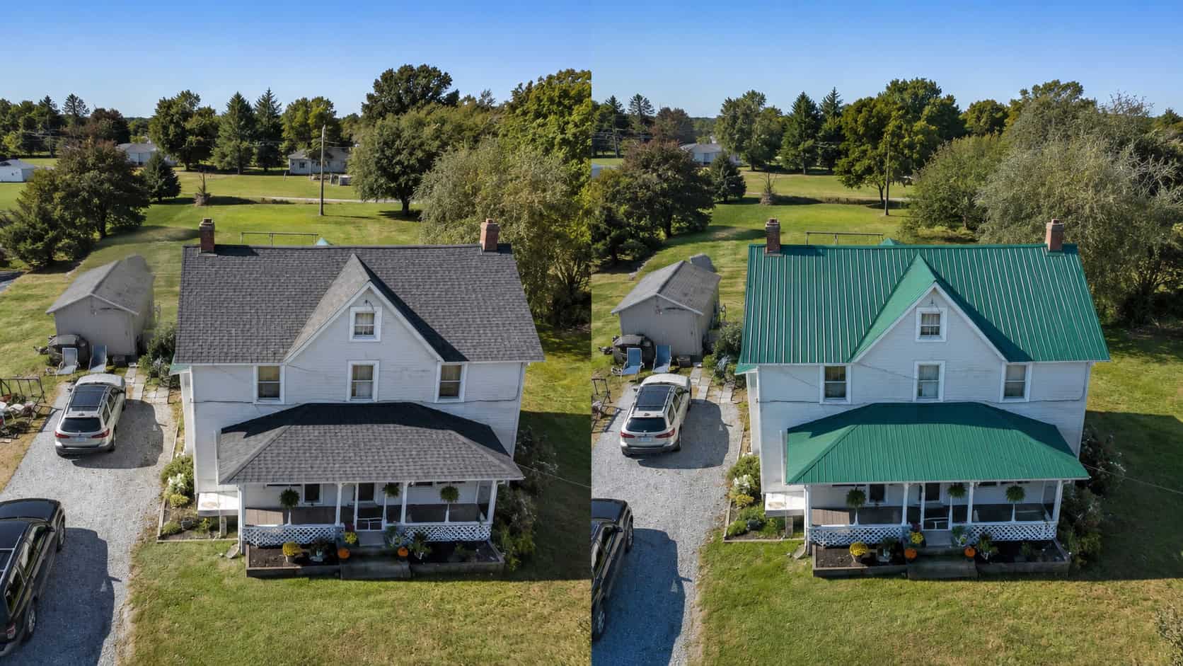 Side-by-side comparison of an architectural asphalt shingle roof and a standing-seam metal roof on comparable Sussex County Delaware homes. Bright afternoon light, clear sky, residential neighborhood setting.