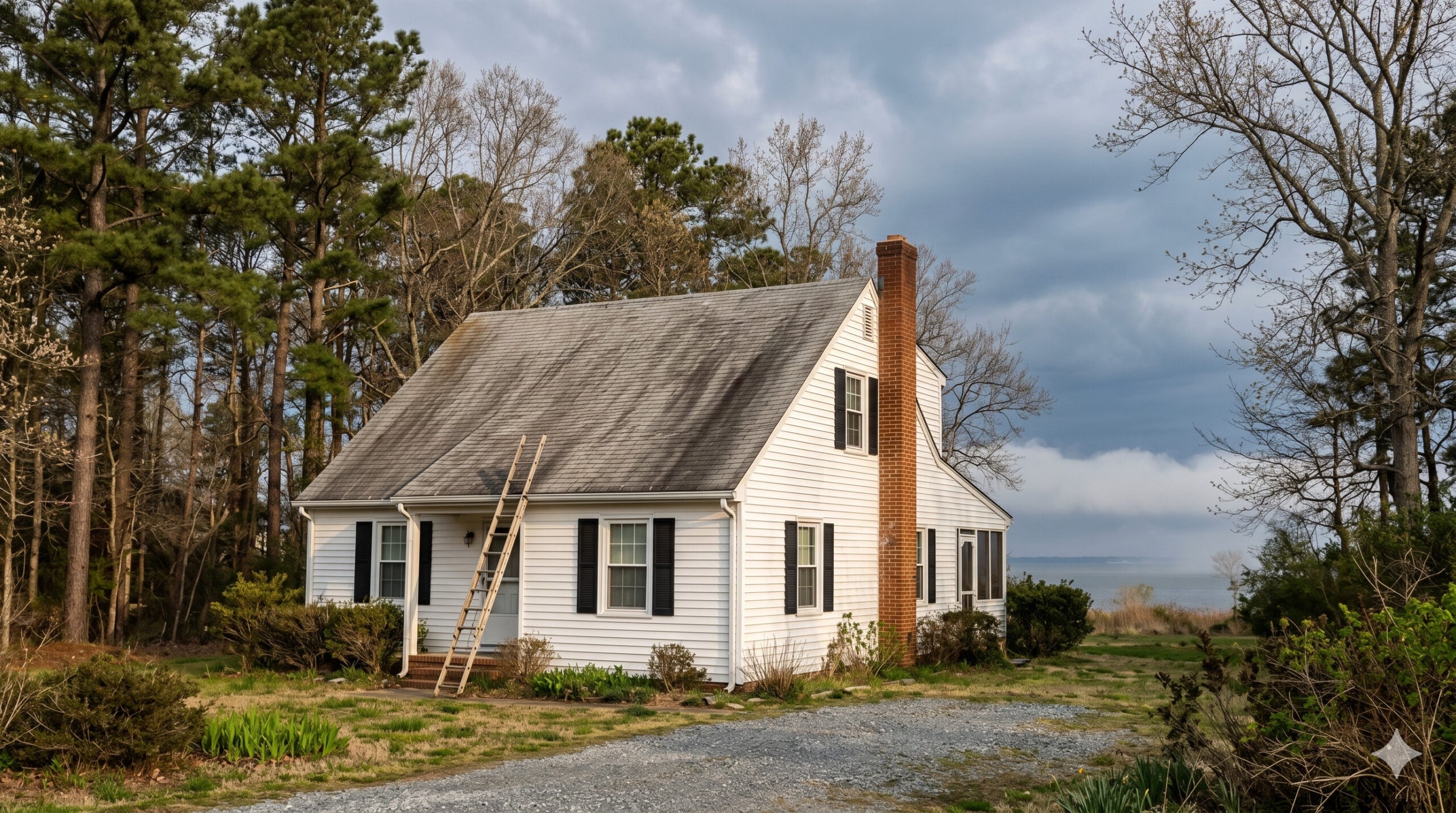 Used - White clapboard home on the Eastern Shore of Maryland with a ladder leaning against the roof, ready for a spring inspection