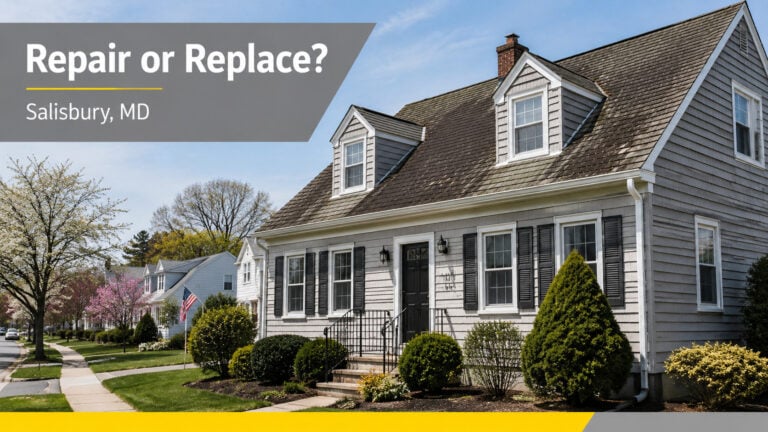 Used - Roof repair or roof replacement blog cover image showing an older Salisbury MD home with visible asphalt shingle wear for Wicomico County homeowners