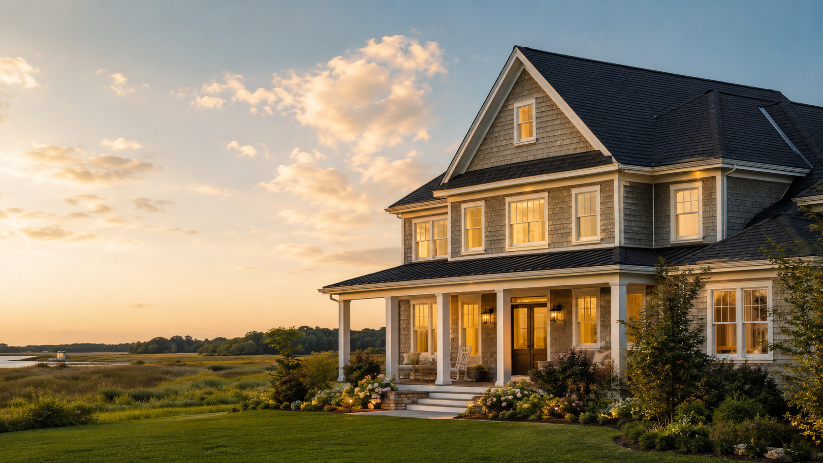 Used - Financing page hero image showing a beautiful Eastern Shore home with a newly installed dark asphalt shingle roof at sunset in Maryland and Delaware service areas