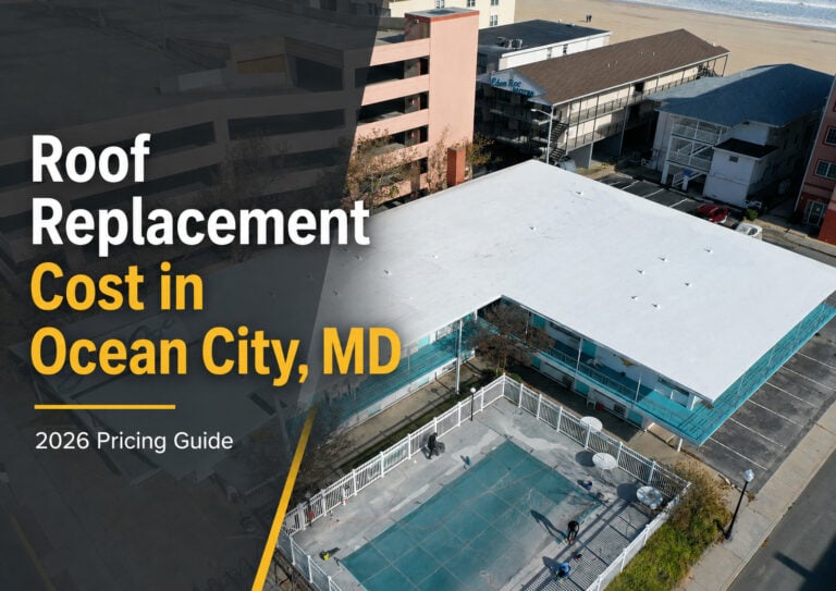 Used - Roof replacement cost in Ocean City, MD 2026 pricing guide with aerial view of a coastal flat roof
