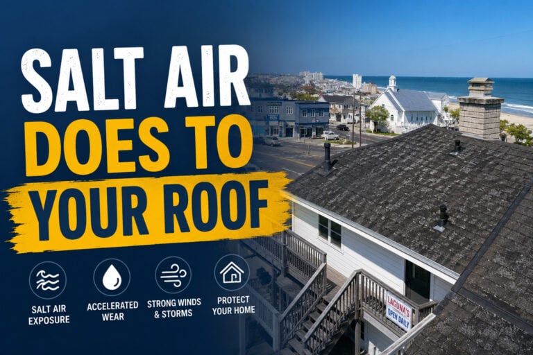 Used - Salt air roof damage on a coastal home near Ocean City, Maryland, showing weathered shingles exposed to ocean air, wind, and humidity.