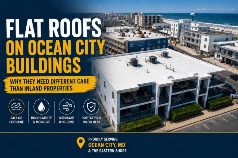 Used - Aerial view of flat roofs on Ocean City, Maryland buildings near the coast, highlighting salt air, humidity, moisture, and hurricane wind exposure.