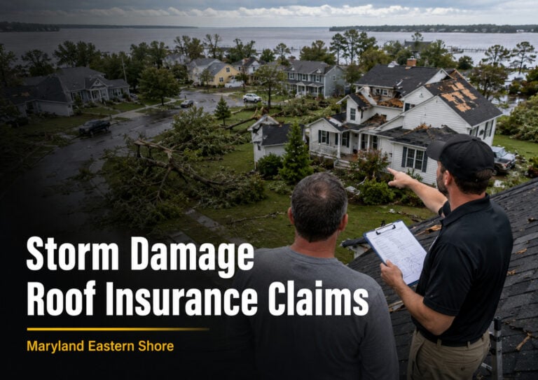 Used - Storm damage roof insurance claim image for Maryland homeowners showing post-storm residential roof damage on the Eastern Shore