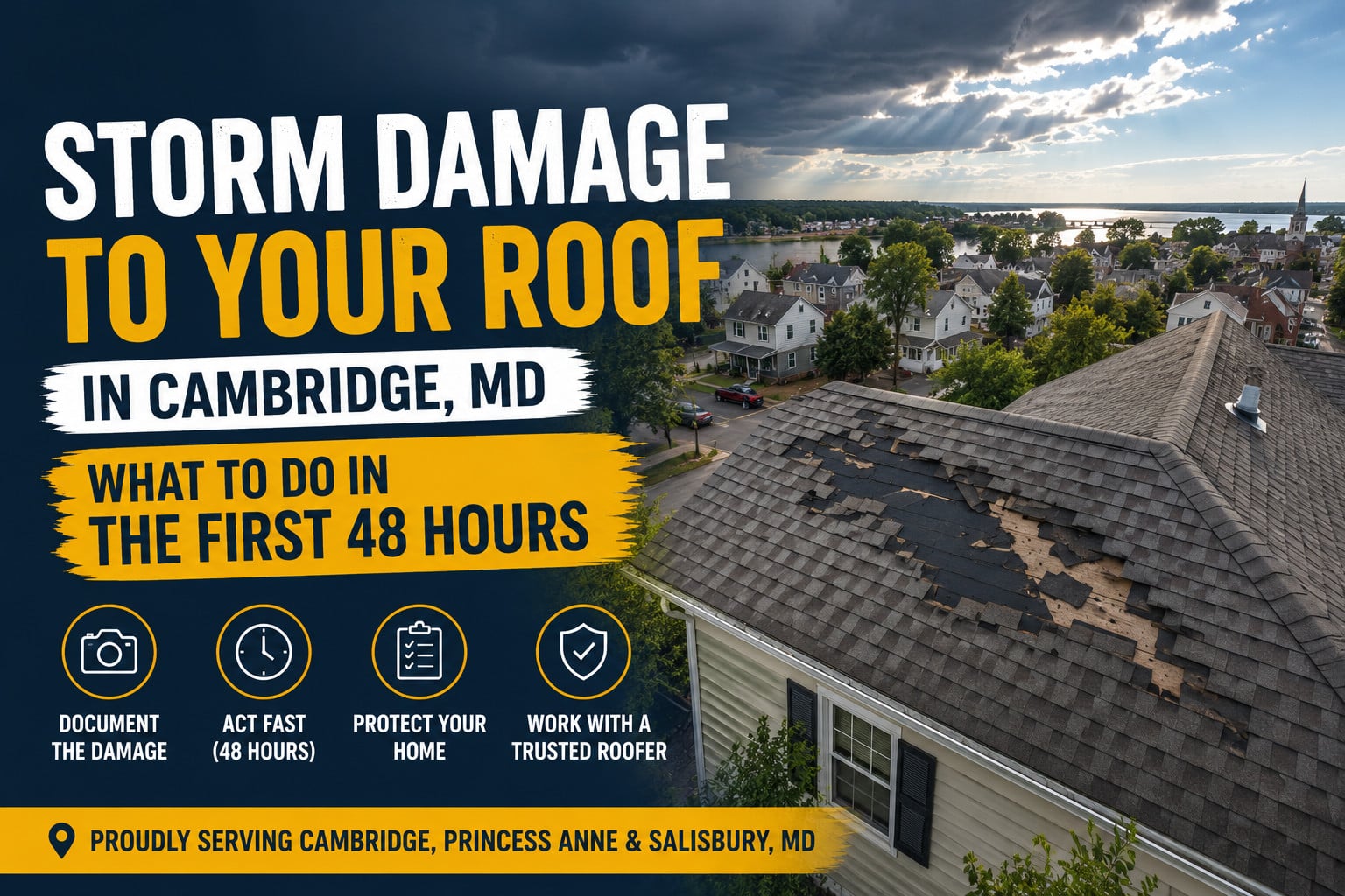 Used - Storm-damaged residential roof in Cambridge, MD with missing shingles after severe weather