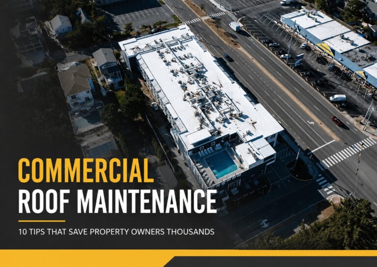 Used - Aerial view of a commercial flat roof on Delmarva with text promoting commercial roof maintenance tips from G and Bros