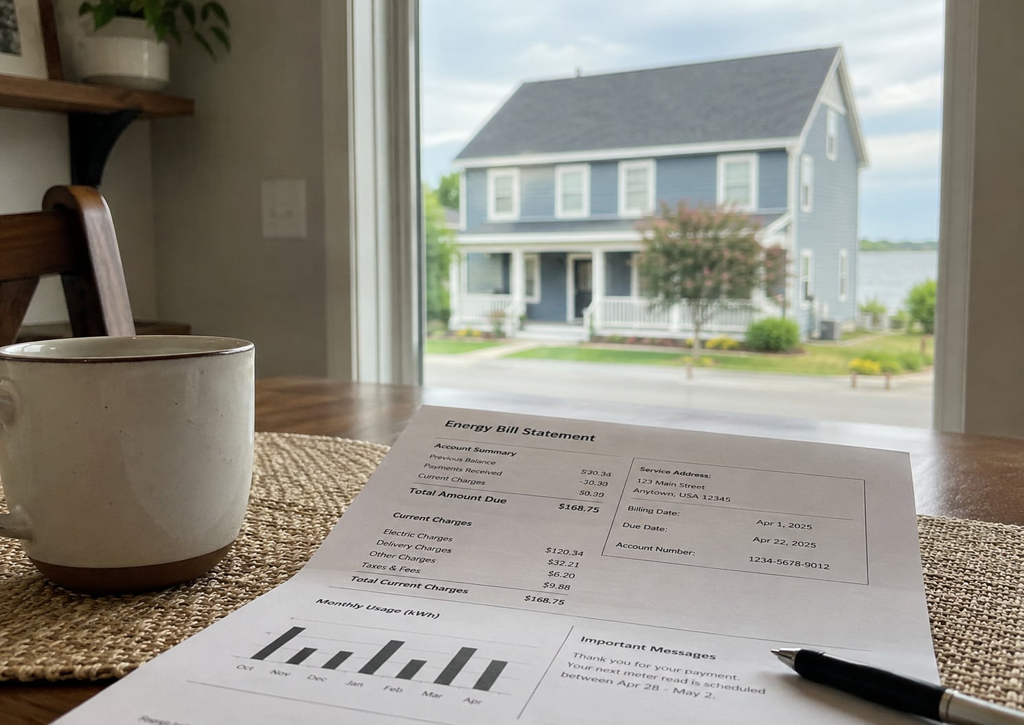 Used - Energy bill statement on a kitchen table with a residential roof visible through the window, highlighting how roof and attic issues can raise energy costs
