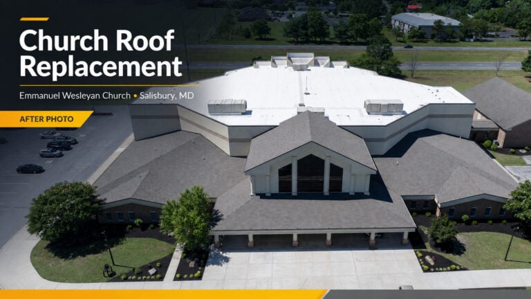 Used - Aerial after photo of the completed church roof replacement at Emmanuel Wesleyan Church in Salisbury, Maryland by G and Bros