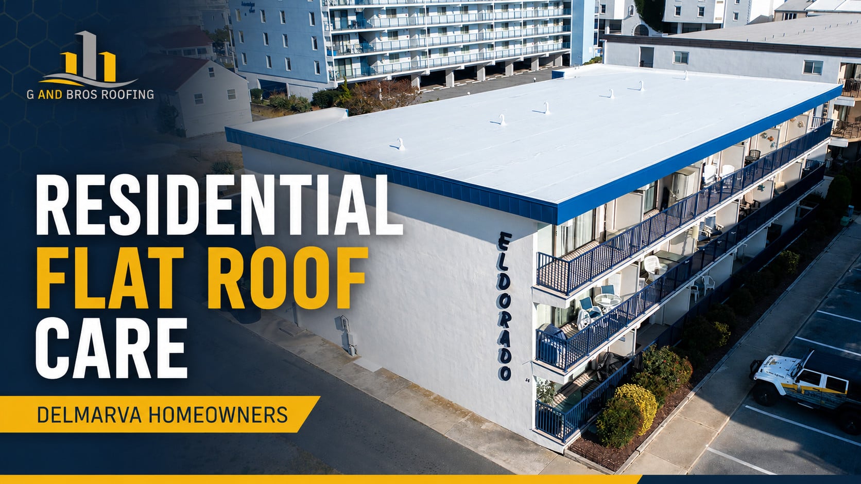 Used - Aerial view of the El Dorado building in Ocean City, Maryland after G and Bros replaced the flat roof with a new white TPO roofing system