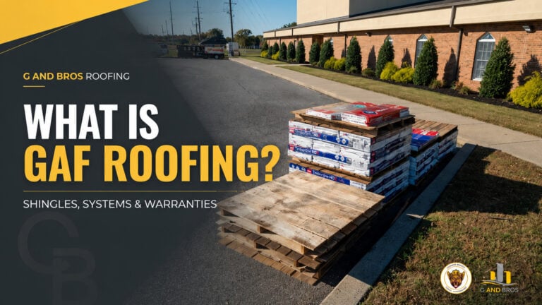 Used - Blog cover showing GAF Timberline HDZ shingle bundles on a Delmarva roofing job site with text explaining GAF roofing shingles, systems, and warranties