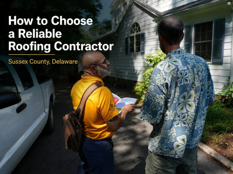 Used - G and Bros roofing professional reviewing a home with a Sussex County, Delaware homeowner while discussing how to choose a reliable roofing contractor