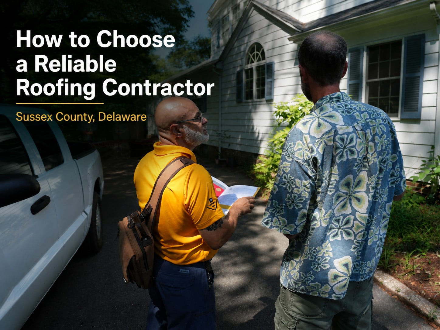 Used - G and Bros roofing professional reviewing a home with a Sussex County, Delaware homeowner while discussing how to choose a reliable roofing contractor