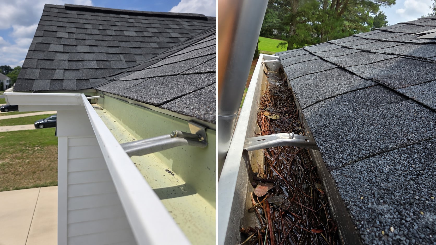 Side-by-side comparison of a clean gutter system and a debris-clogged gutter on a Delmarva home