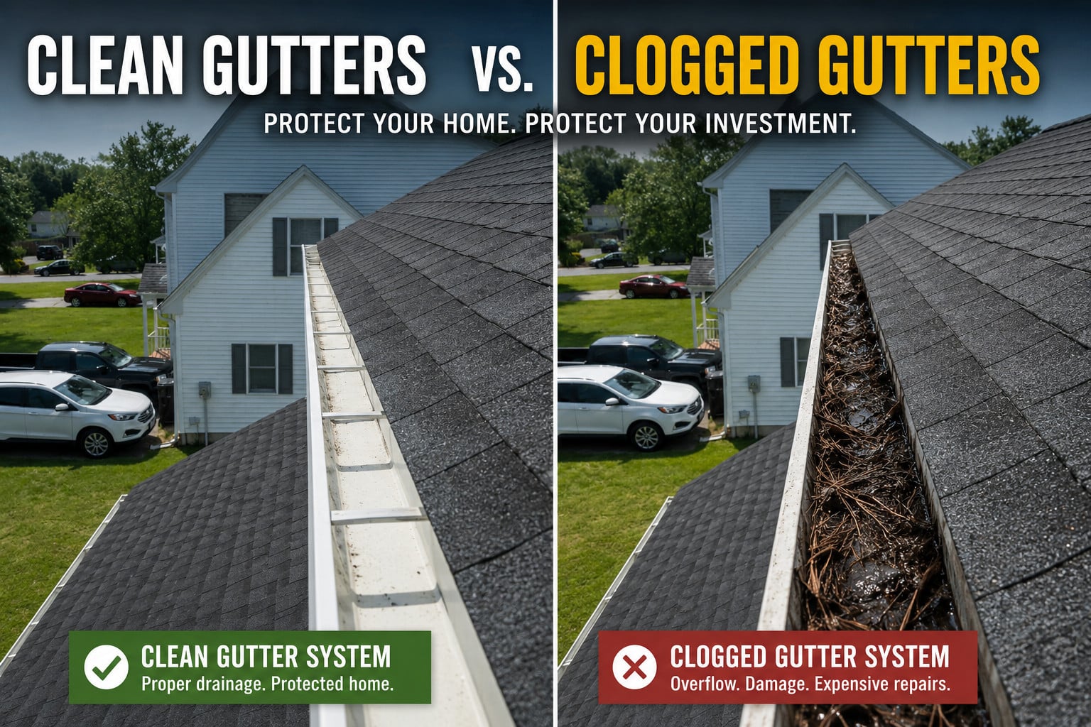 Used - Side-by-side comparison of a clean gutter system and a clogged gutter filled with debris on a Delmarva home