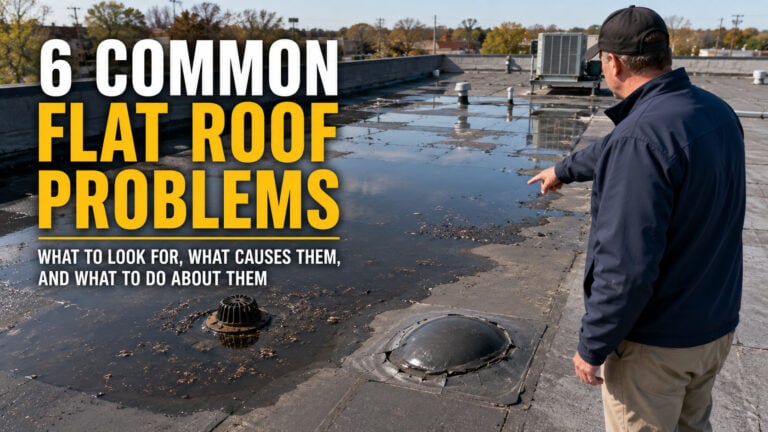 Used - Commercial flat roof with ponding water and visible roof issues being inspected on a Delmarva property