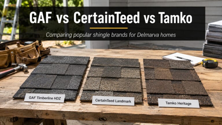 Used - Side-by-side comparison of GAF Timberline HDZ, CertainTeed Landmark, and Tamko Heritage shingle samples for Delmarva homes