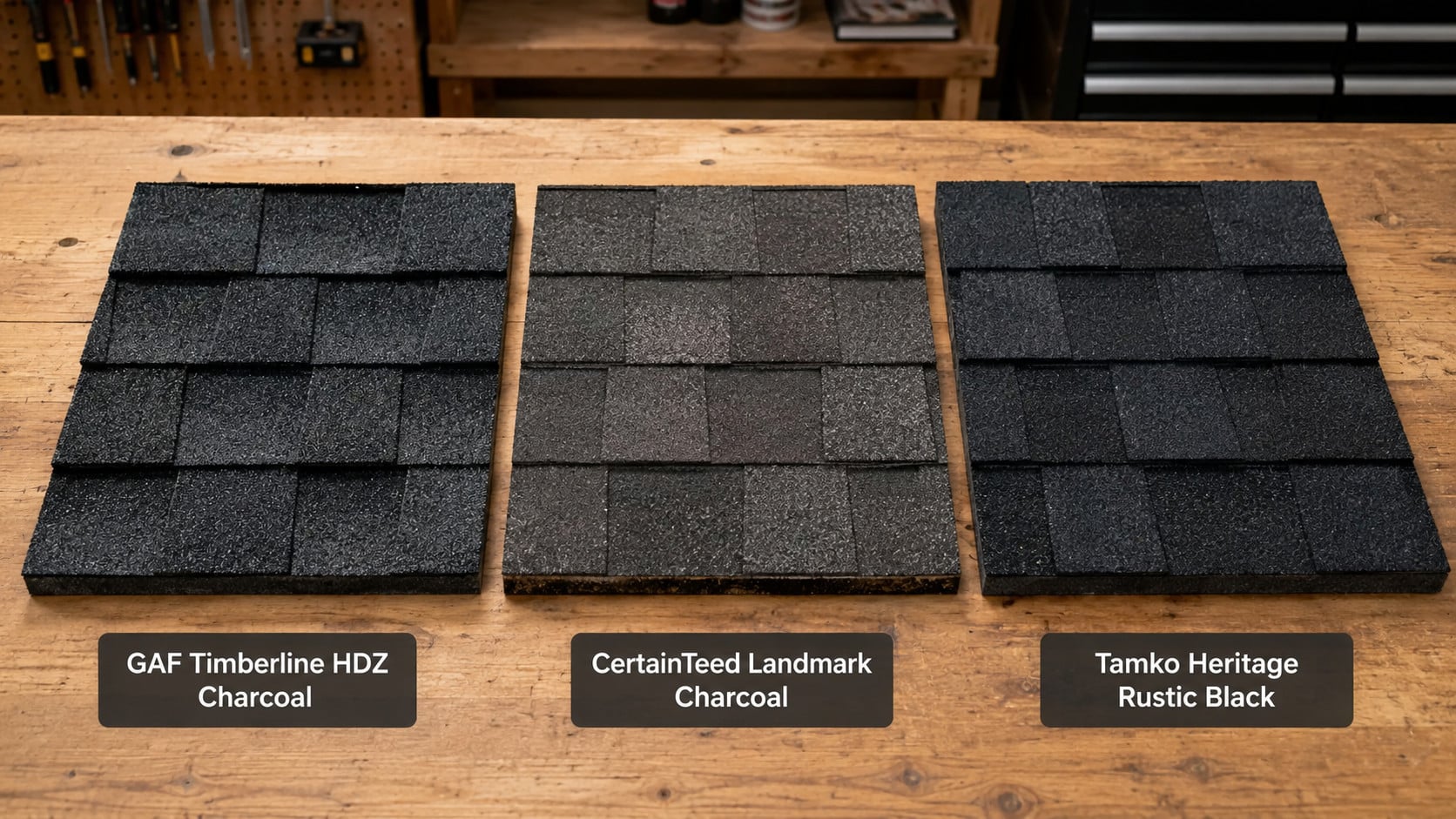 GAF vs CertainTeed vs Tamko: Why GAF Is the Better Choice for Your Delmarva Home 2 | G and Bros GAF Timberline, CertainTeed Landmark, and Tamko Heritage shingle samples compared side by side