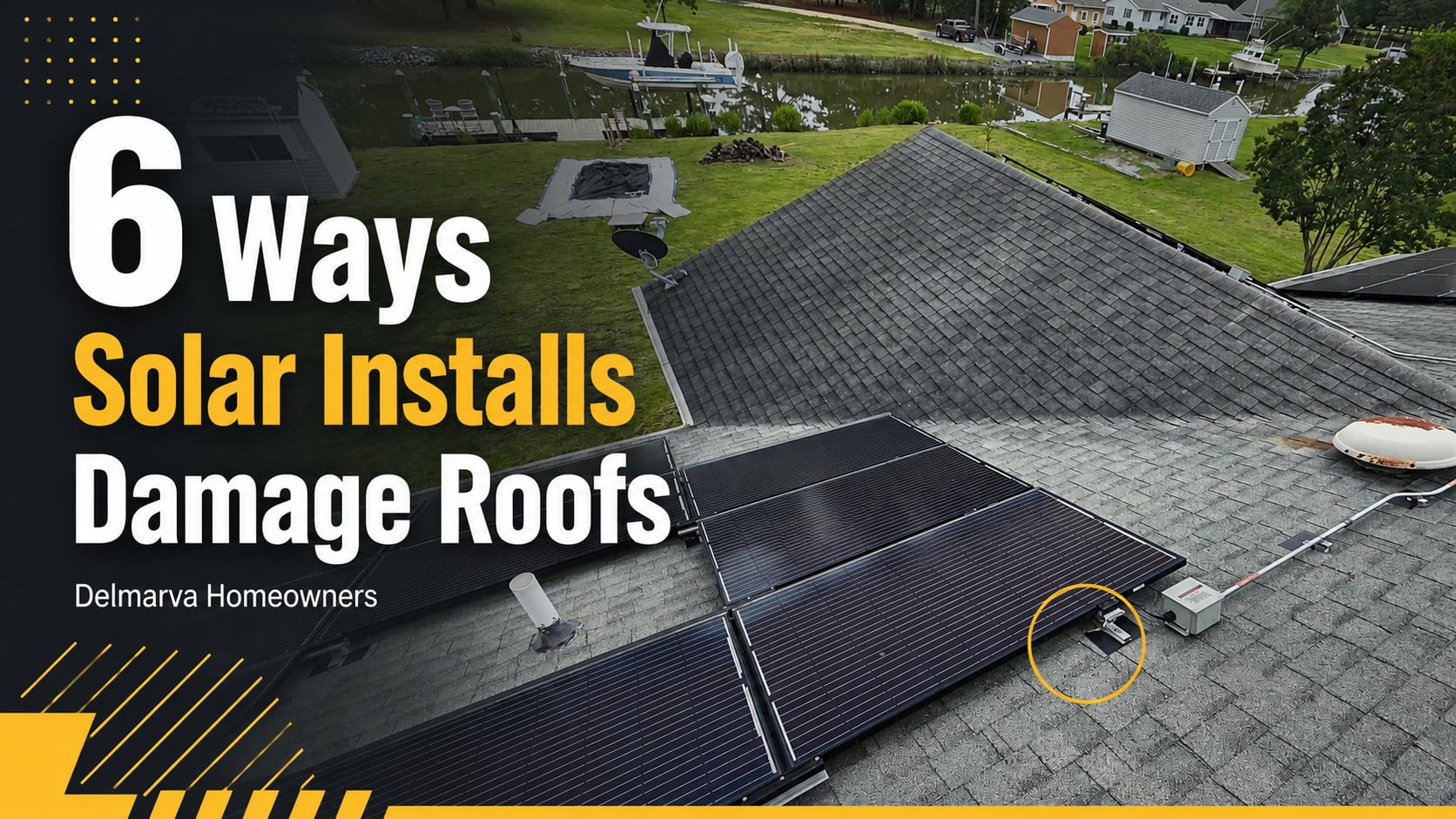 Used - Solar panels installed on an asphalt shingle roof showing potential mounting and roof damage concerns for Delmarva homeowners