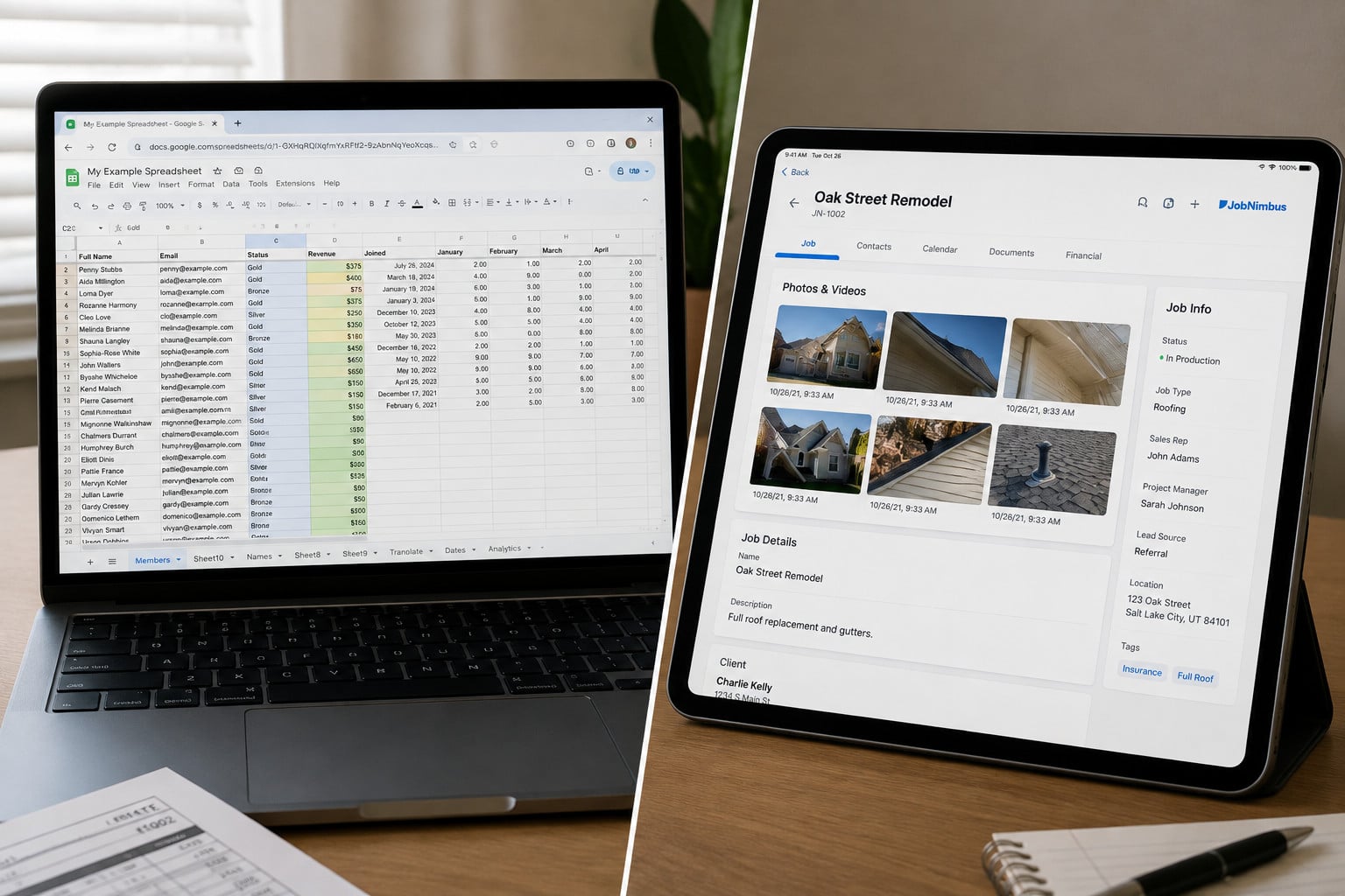 Roofing CRM vs Spreadsheets: How to Tell When You Have Actually Outgrown the Spreadsheet 2 | G and Bros Roofing job tracking spreadsheet on a laptop next to a project management app on a tablet