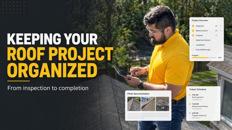 Used - G and Bros roofing professional using a tablet to organize a roof inspection, project photos, measurements, scheduling, and job progress