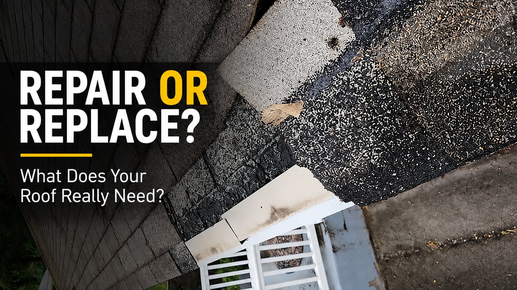 Used - Damaged asphalt shingles on a Salisbury, MD home with blog cover text asking whether the roof should be repaired or replaced
