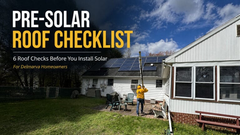 Used - G and Bros crew member performing a pre-solar roof inspection at a Delmarva home with rooftop solar panels in the background