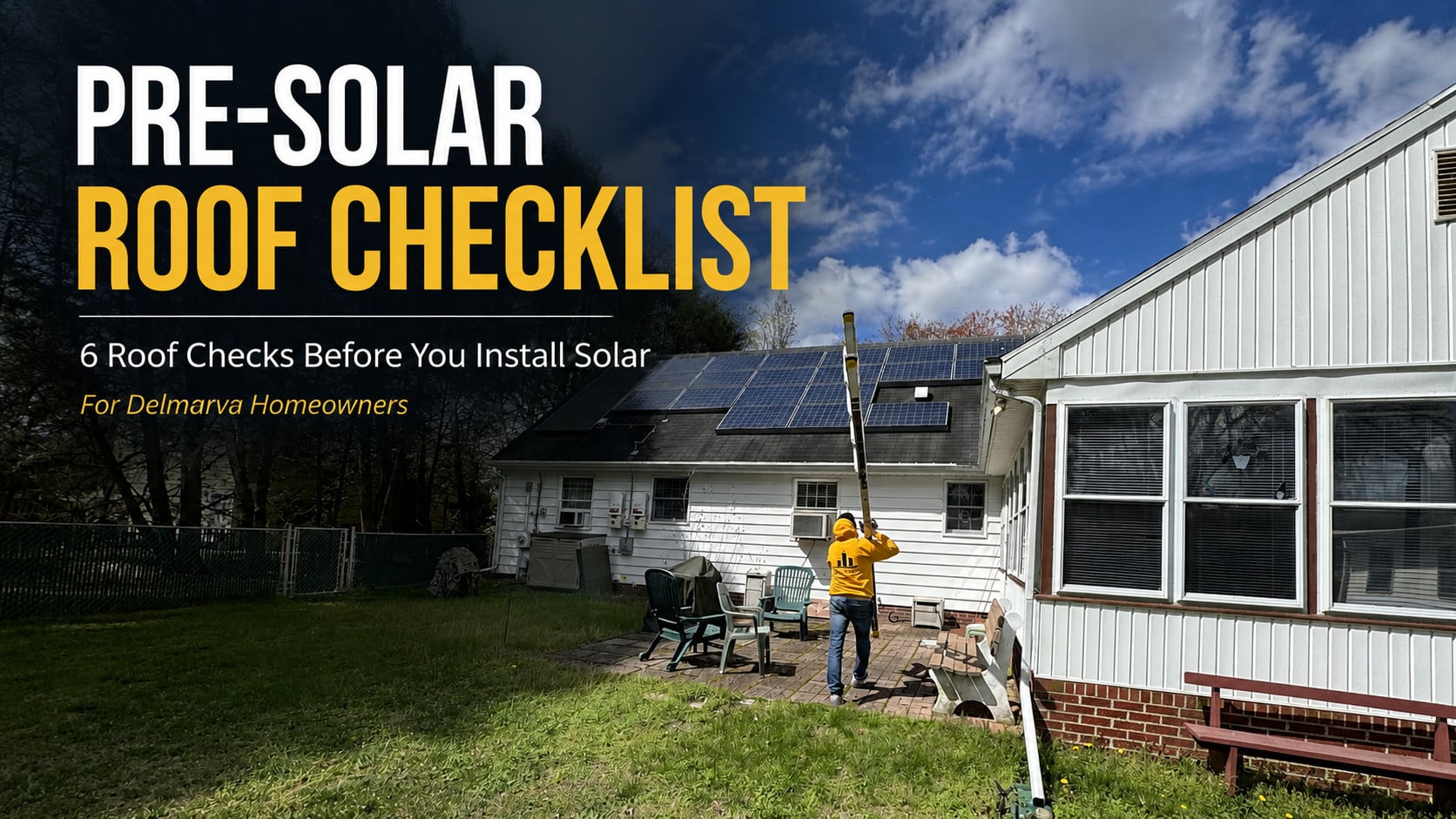 Used - G and Bros crew member performing a pre-solar roof inspection at a Delmarva home with rooftop solar panels in the background