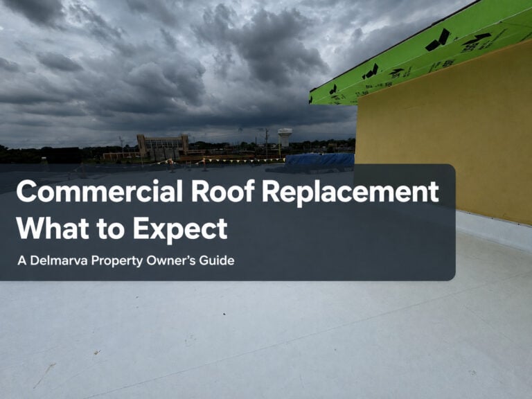 Used - Commercial roof replacement project on Delmarva showing a white membrane roofing system during installation